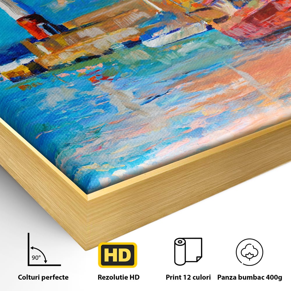 Detaliu al suprafetei: tablou canvas cu far si barci, in rama de aluminiu auriu